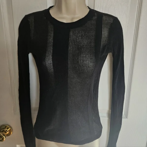 All Saints Sheer Striped Stretcg Black Knit Detail Top - Picture 2 of 7
